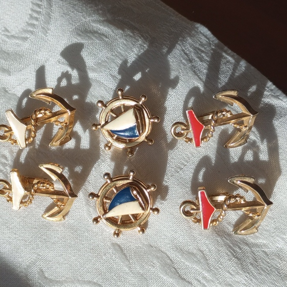 Lot of three nautical theme Avon clip on earrings gold tone red white and blue